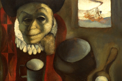 Old-harlequin-in-his-native-village.-Tempera-on-board-15.5-x-17.5-in