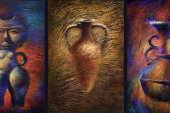 Pre-Columbian-ceramic.Oil-on-canvas-.Three-separate-paintings-.36-x-25-inches-each